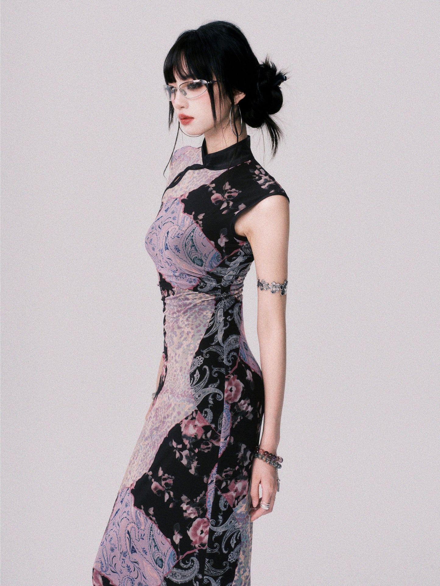 Qipao-Style Patchwork Print Dress In 2 Lengths