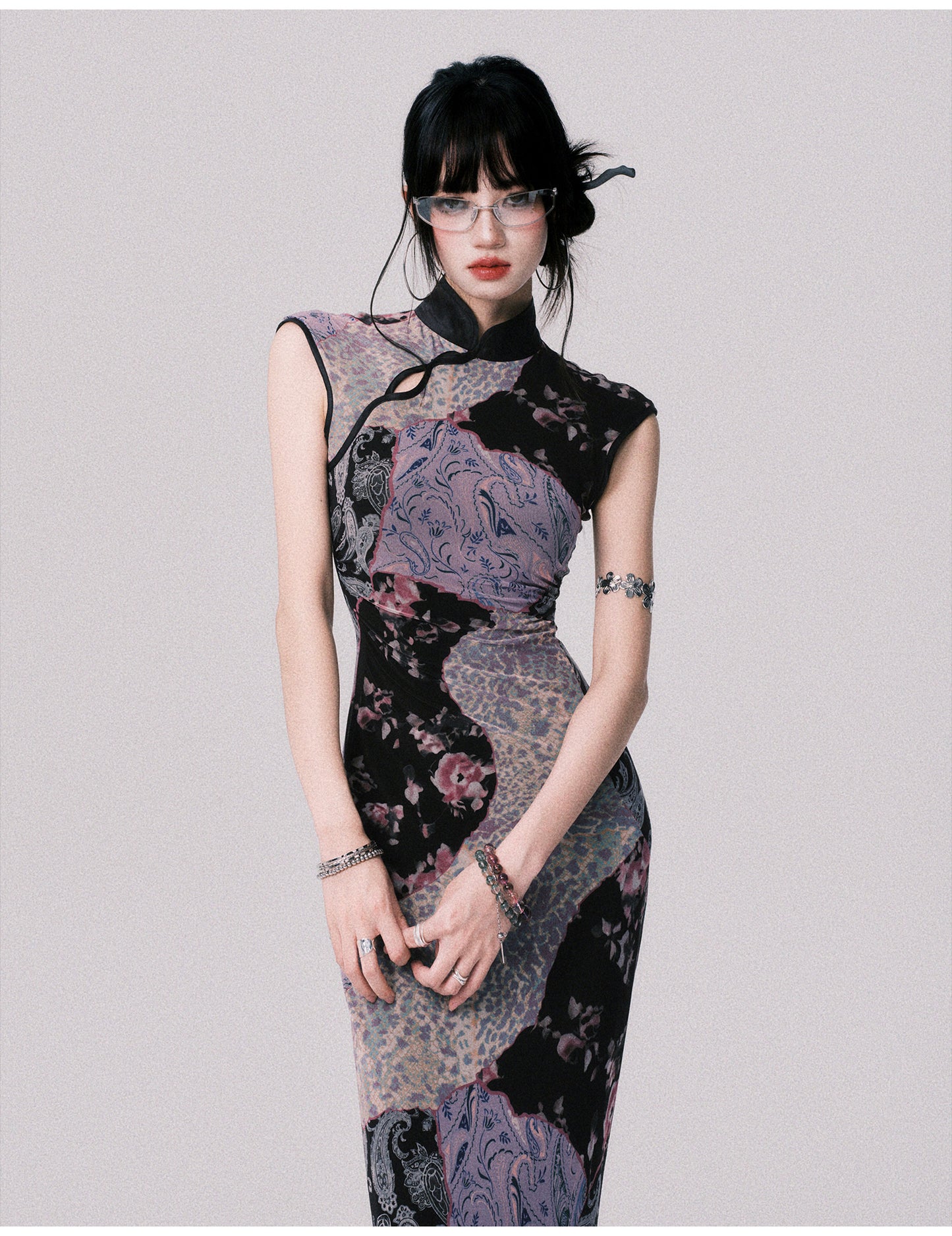 Qipao-Style Patchwork Print Dress In 2 Lengths