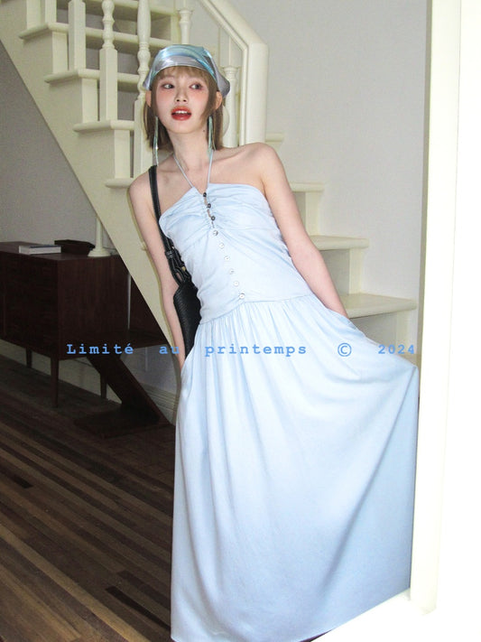 Buttoned Ruched Tube Dress With Halter Strap