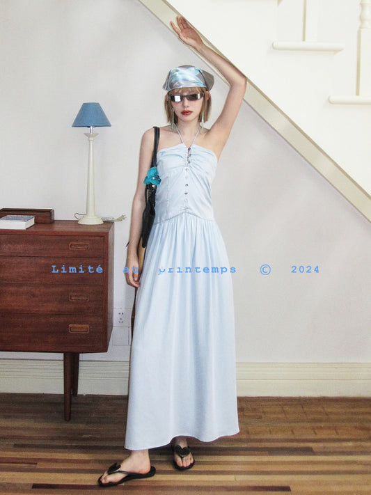 Buttoned Ruched Tube Dress With Halter Strap