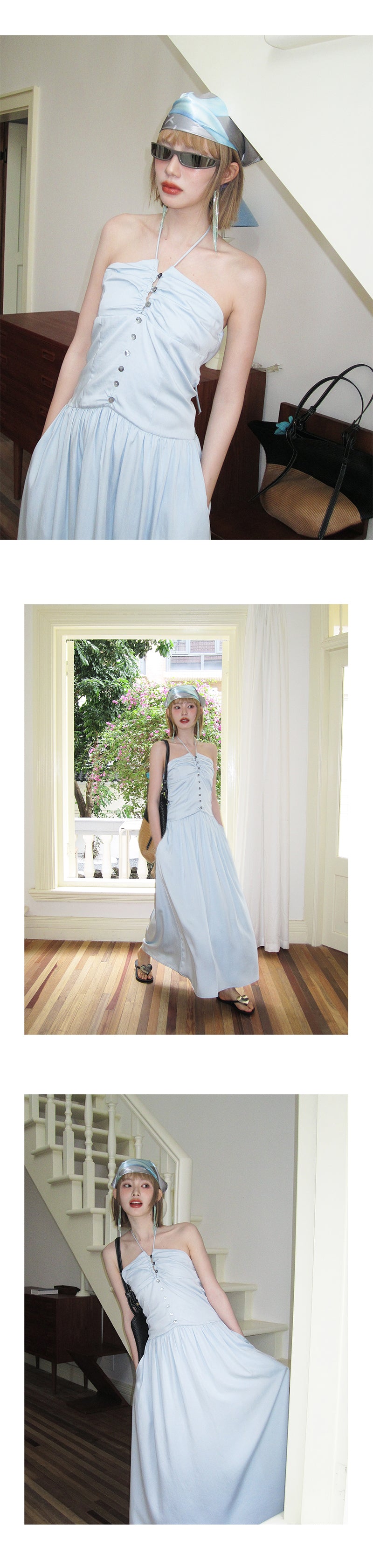 Buttoned Ruched Tube Dress With Halter Strap