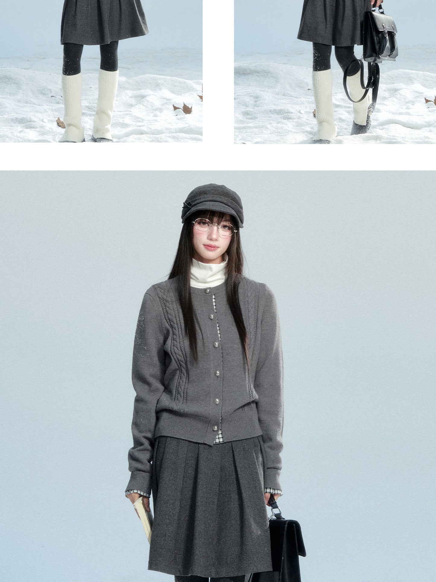 Plaid-Detail Cable Knit Cardigan