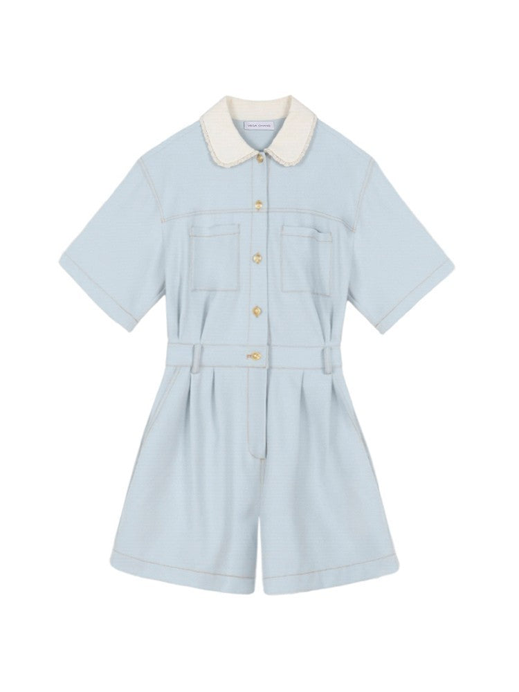 Textured Peter Pan Collar Short Jumpsuit