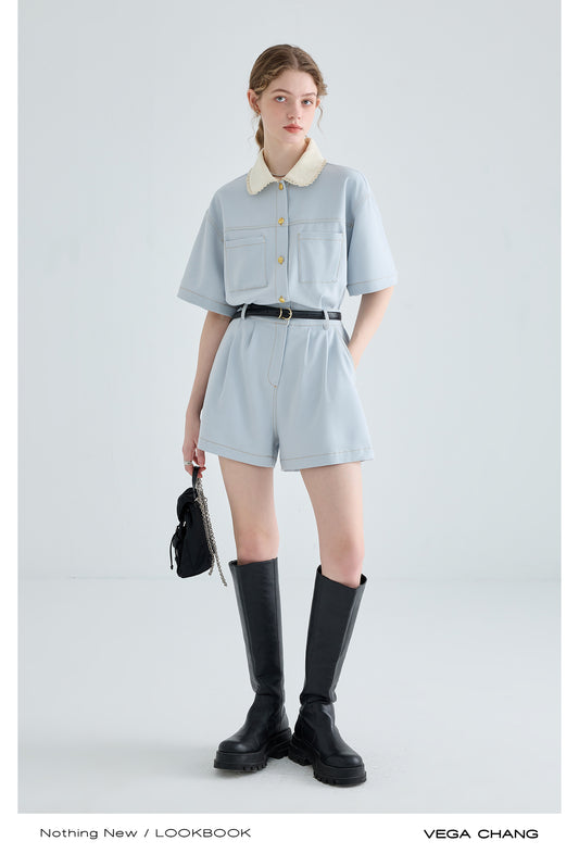 Textured Peter Pan Collar Short Jumpsuit