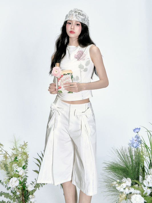 Pleated Cotton Bermuda Pants With Bow Detail
