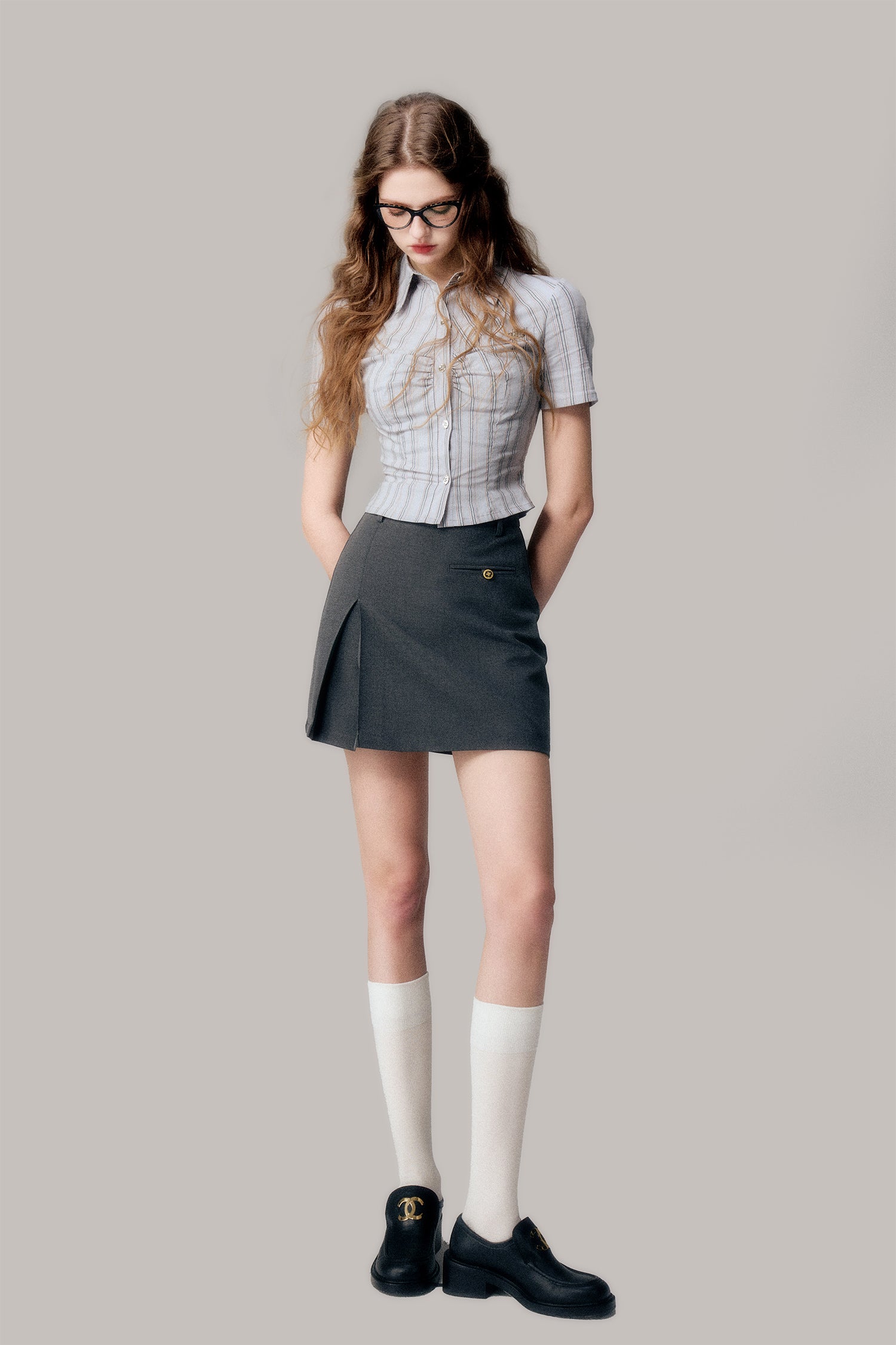 Silver Button Ruched Schoolgirl Striped Shirt