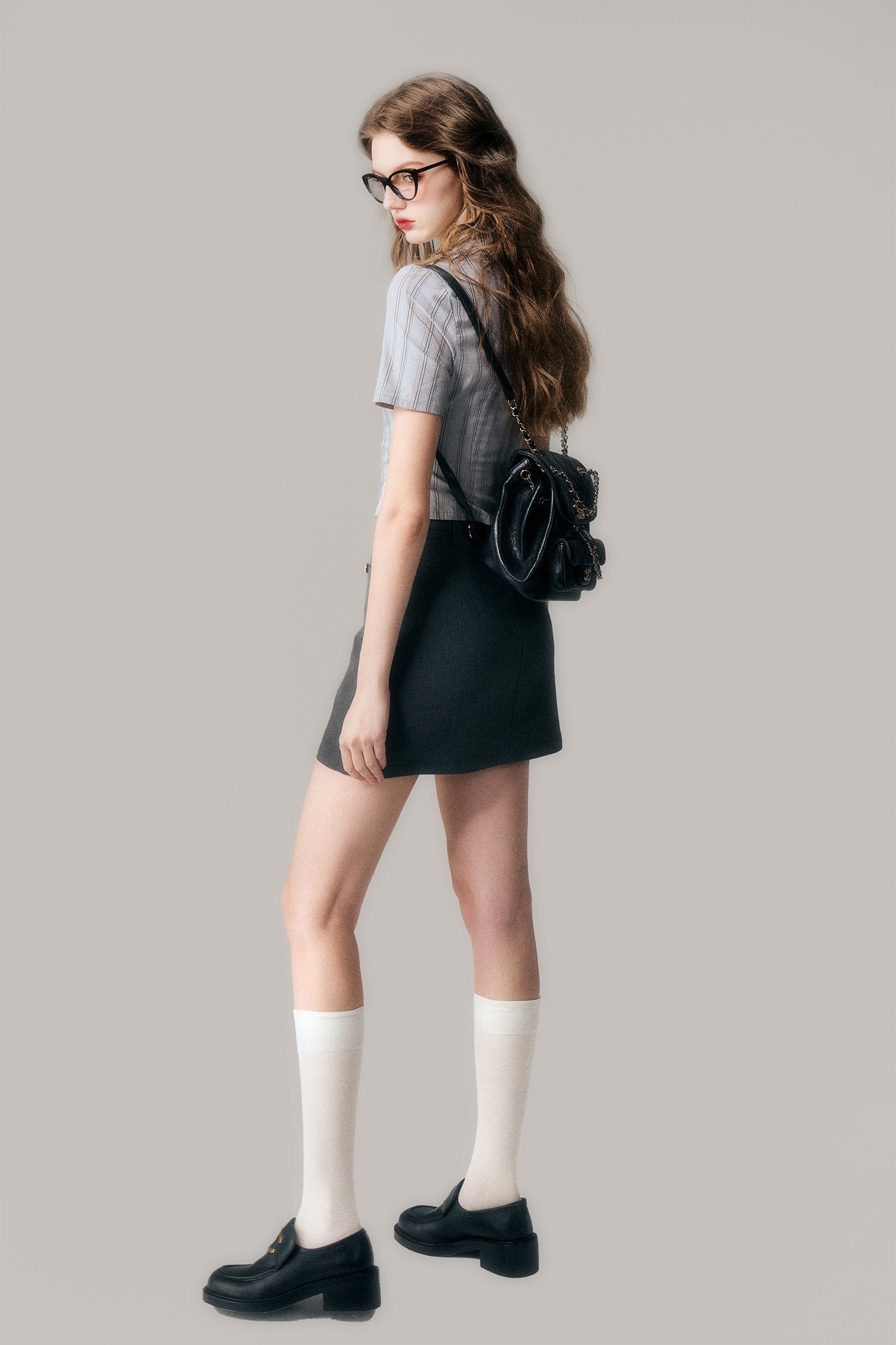 Silver Button Ruched Schoolgirl Striped Shirt