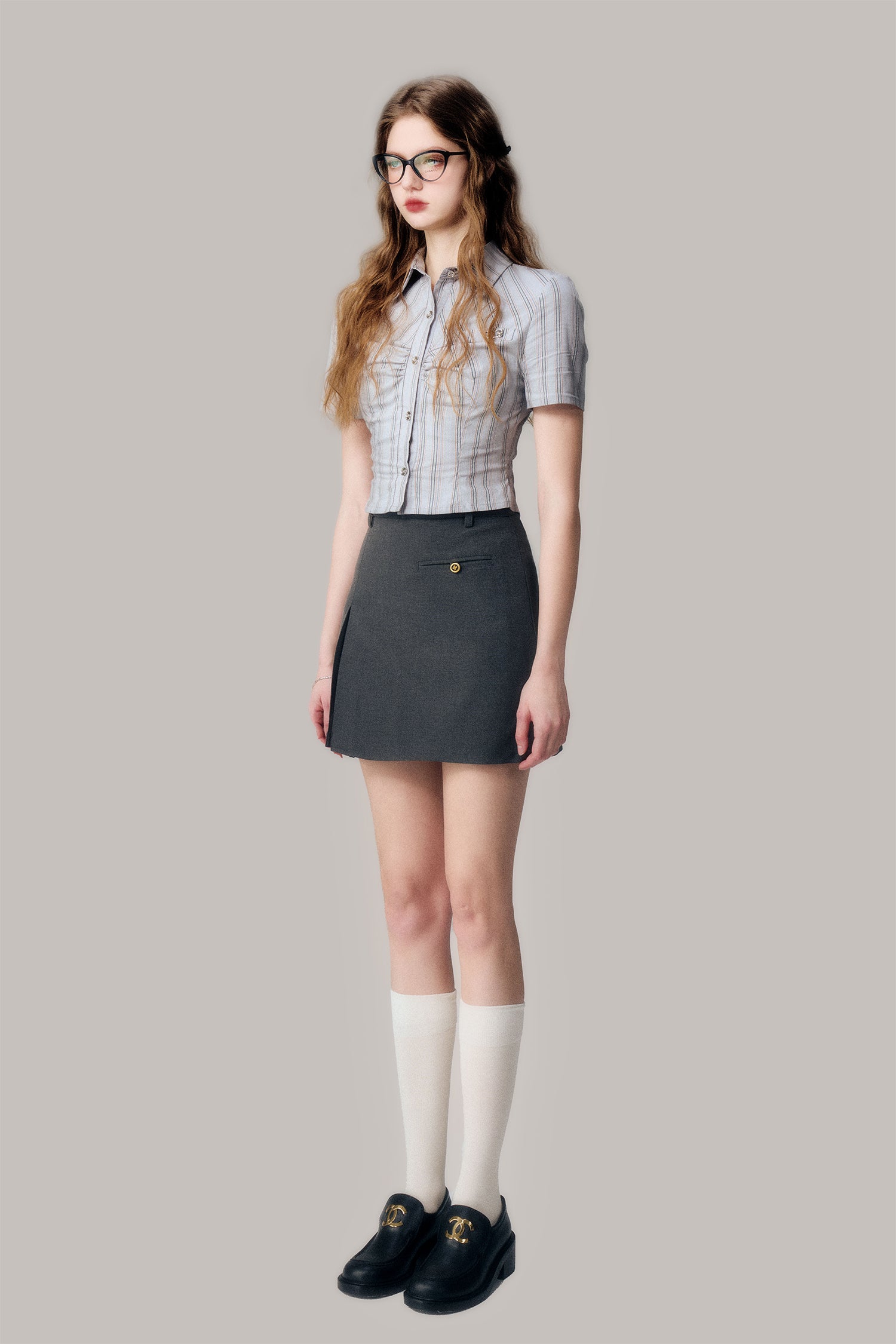 Silver Button Ruched Schoolgirl Striped Shirt