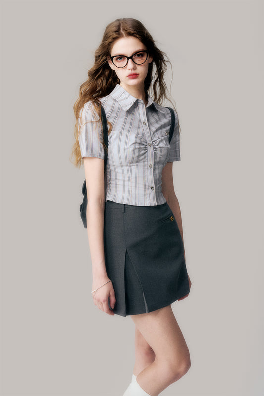 Silver Button Ruched Schoolgirl Striped Shirt