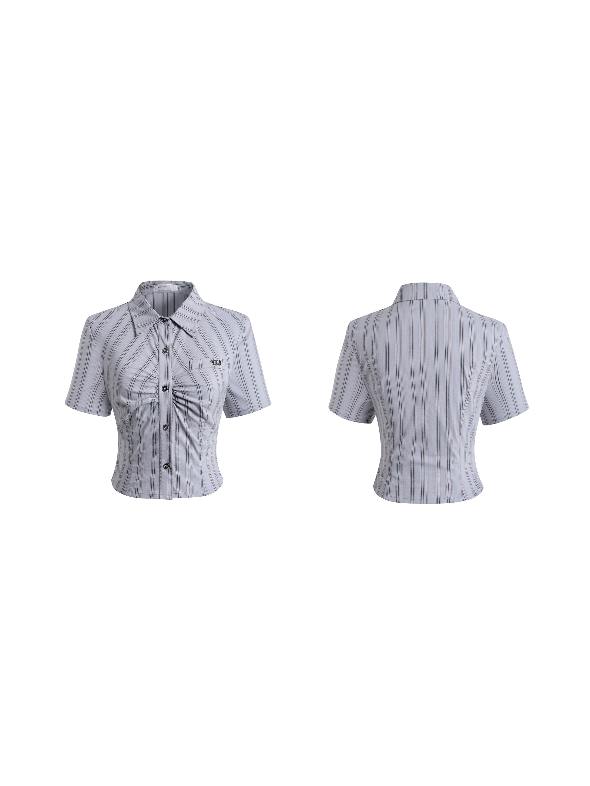 Silver Button Ruched Schoolgirl Striped Shirt