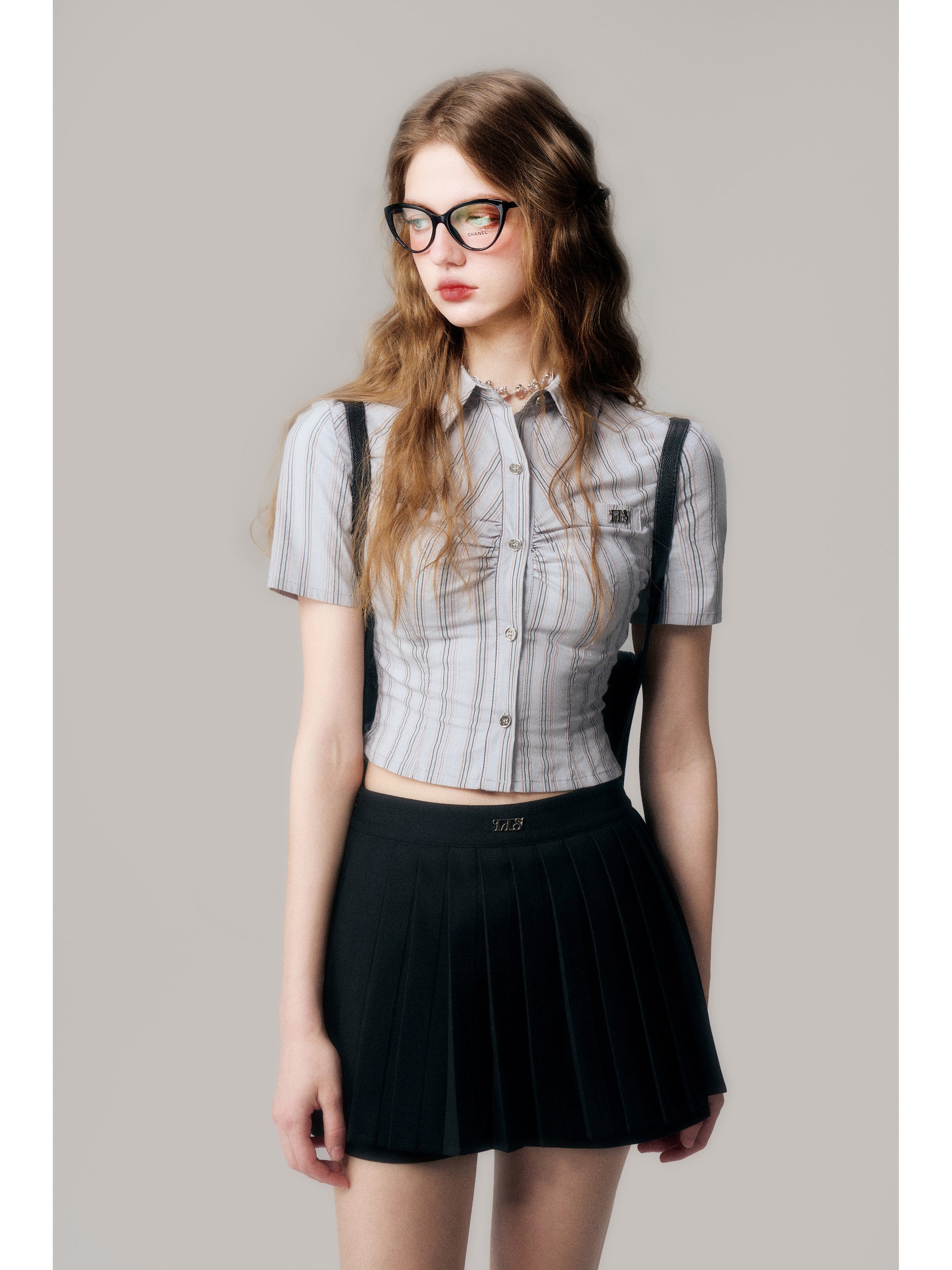 Silver Button Ruched Schoolgirl Striped Shirt