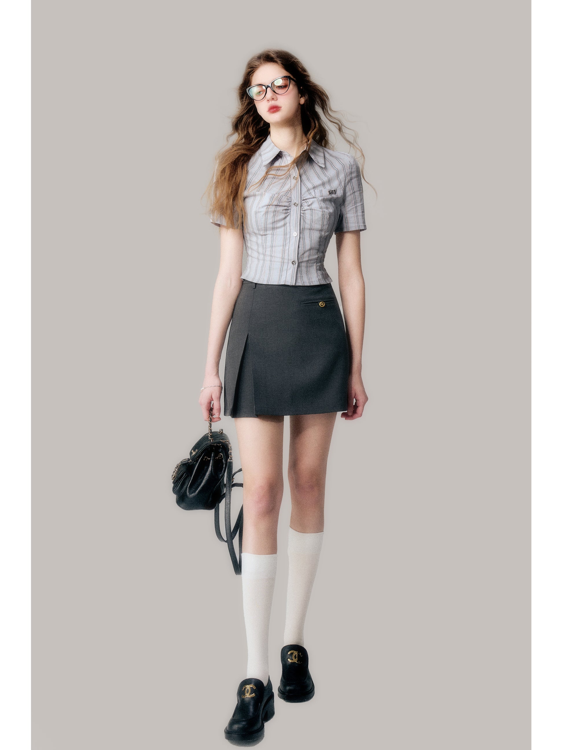 Silver Button Ruched Schoolgirl Striped Shirt