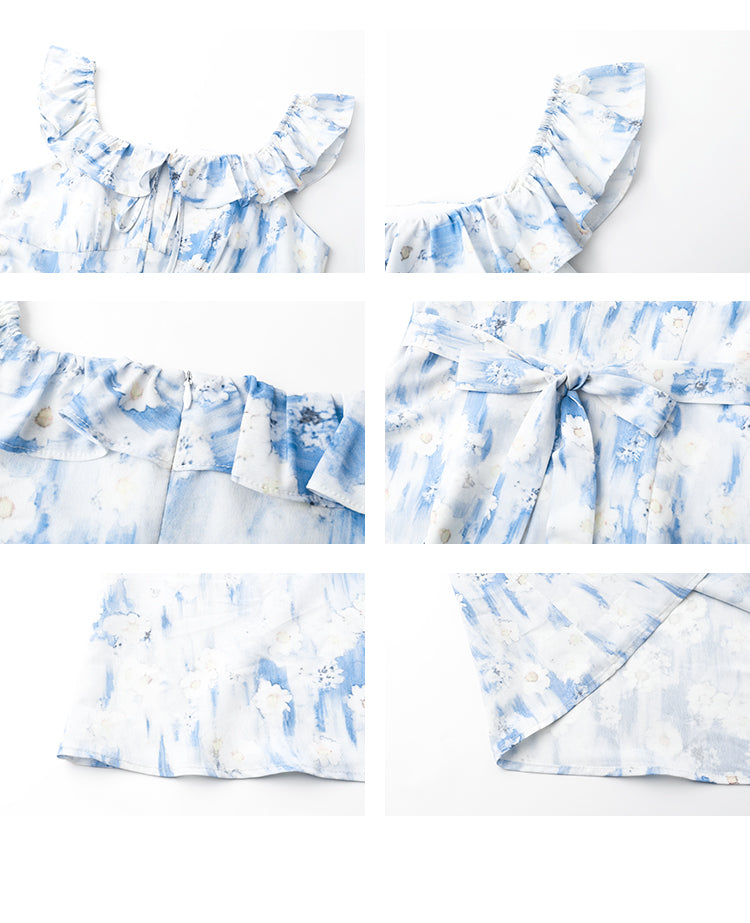 Floral Gradient Print Dress With Ruffled Neckline