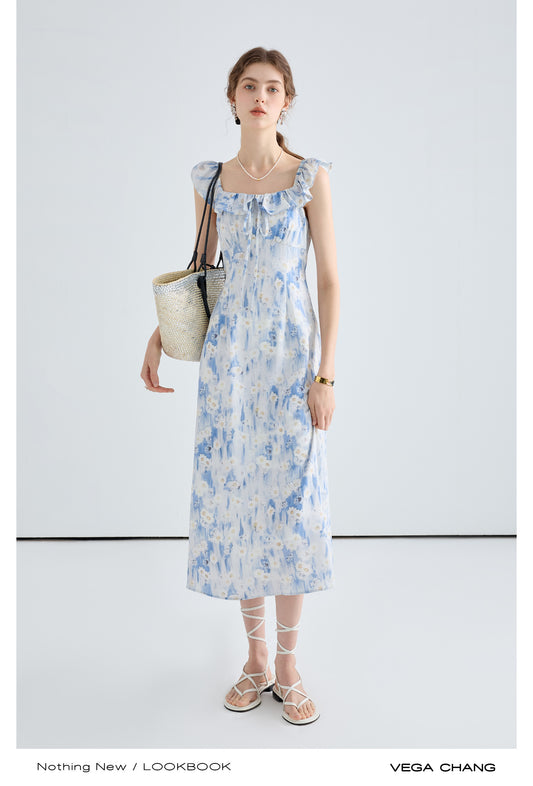 Floral Gradient Print Dress With Ruffled Neckline