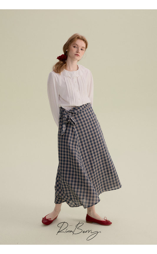 Cotton Blend High-Waist Plaid Wrapped Skirt