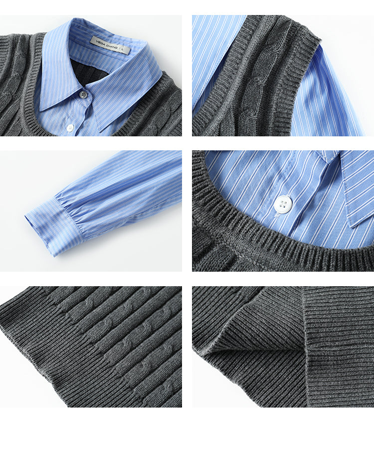 Layered Look Knitted Vest With Striped Shirt