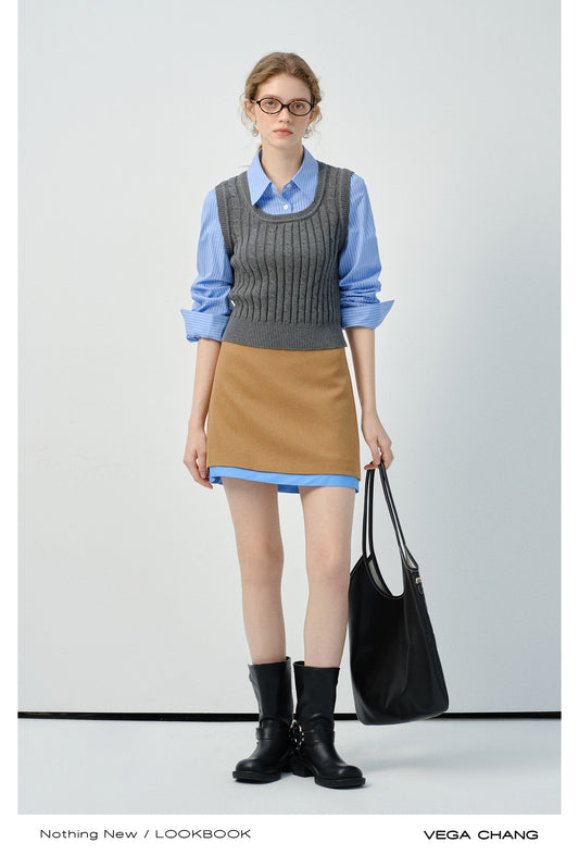 Layered Look Knitted Vest With Striped Shirt