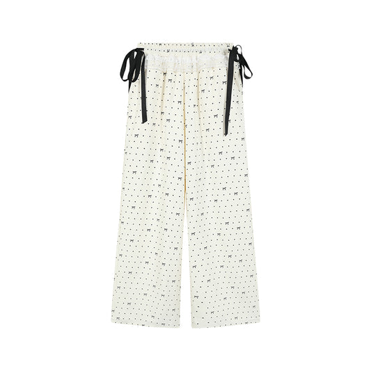 Bow & Dot Printed Pants With Waist Ruffle