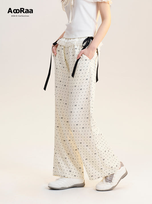 Bow & Dot Printed Pants With Waist Ruffle