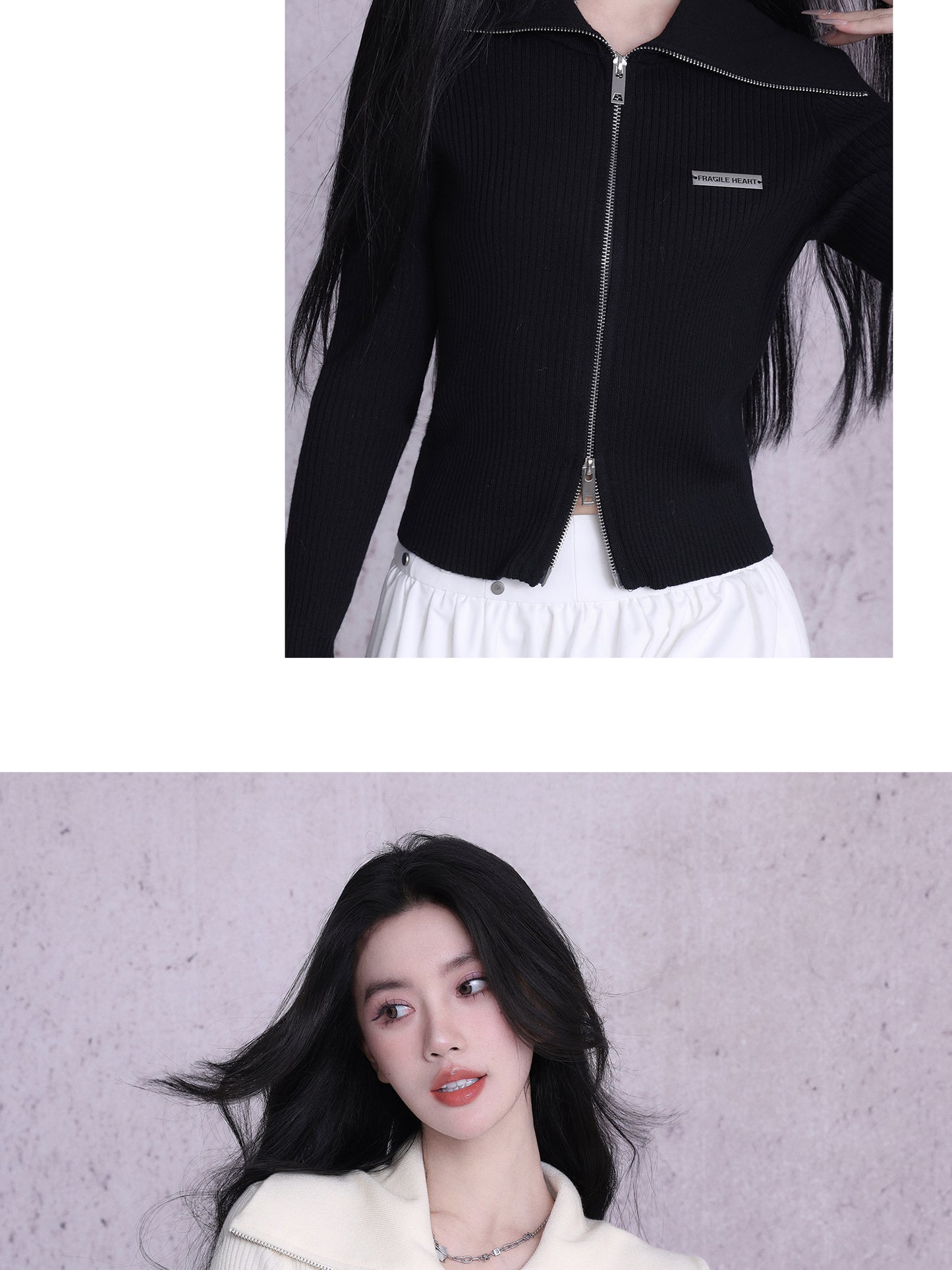 Rib Knit Top With Double Zipper