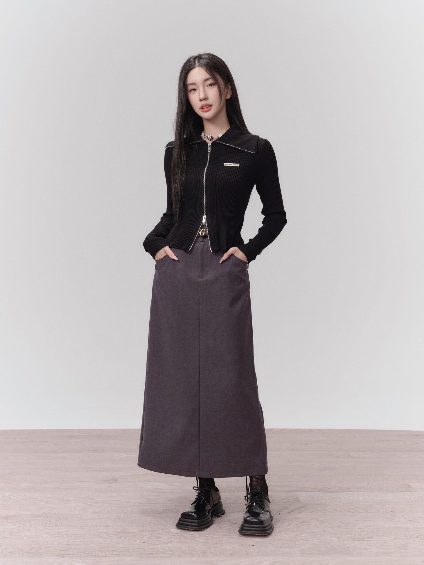 Rib Knit Top With Double Zipper