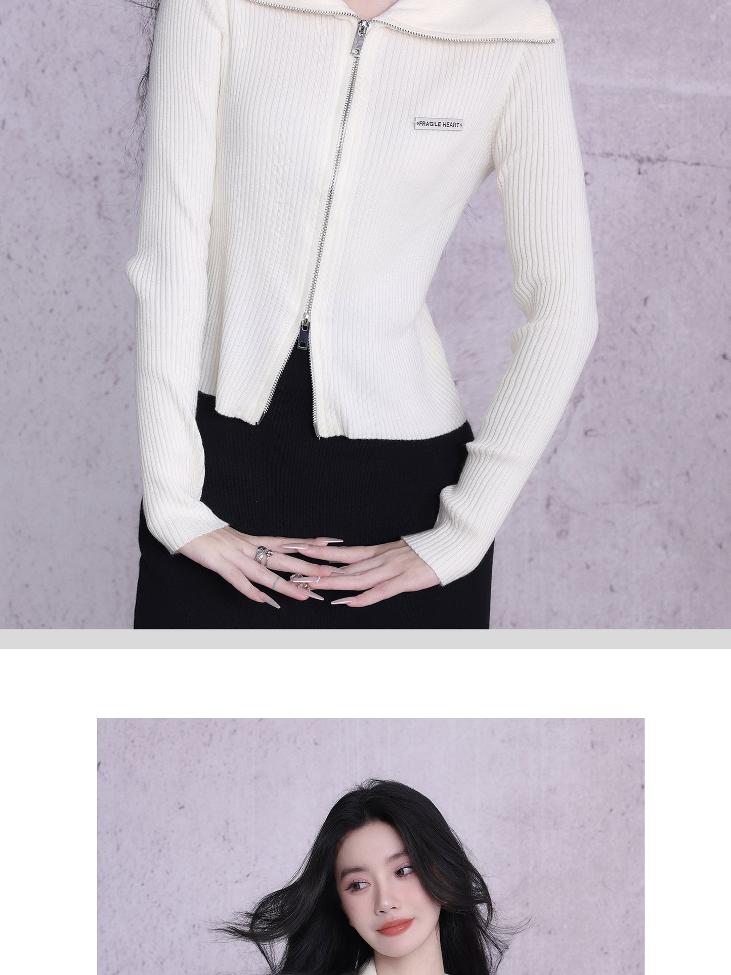 Rib Knit Top With Double Zipper