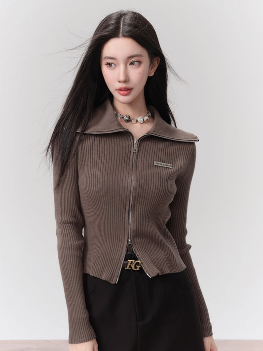 Rib Knit Top With Double Zipper