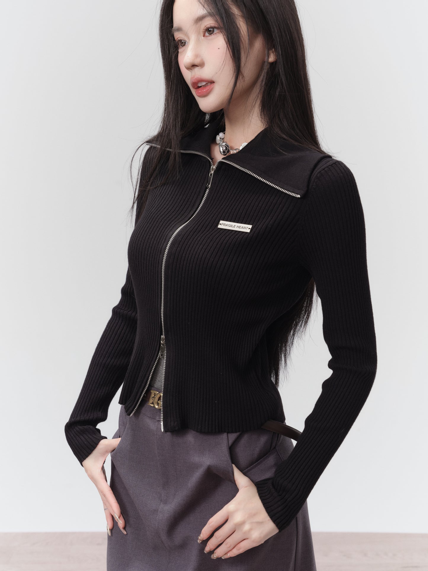 Rib Knit Top With Double Zipper