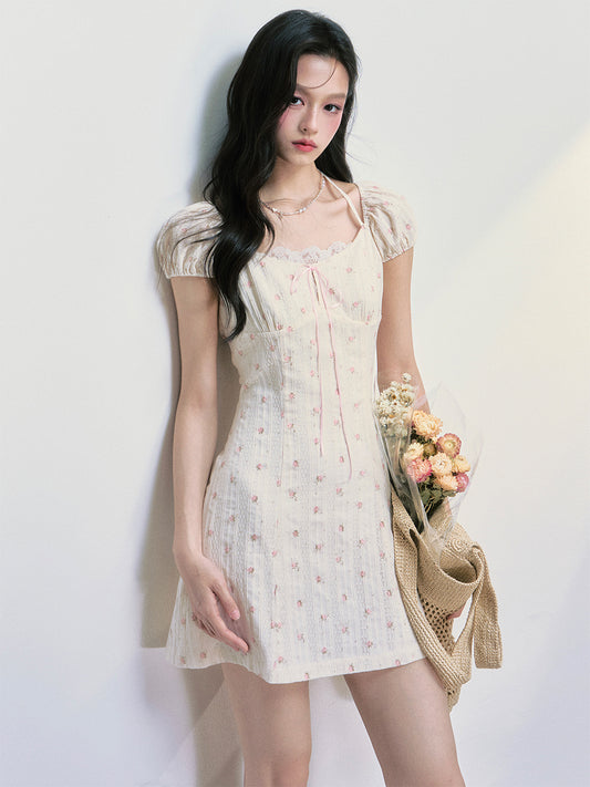 Puff-Sleeve Mini Dress With Floral Embroidery