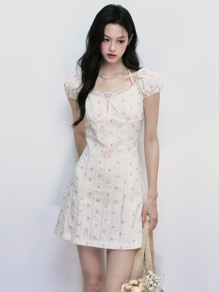 Puff-Sleeve Mini Dress With Floral Embroidery