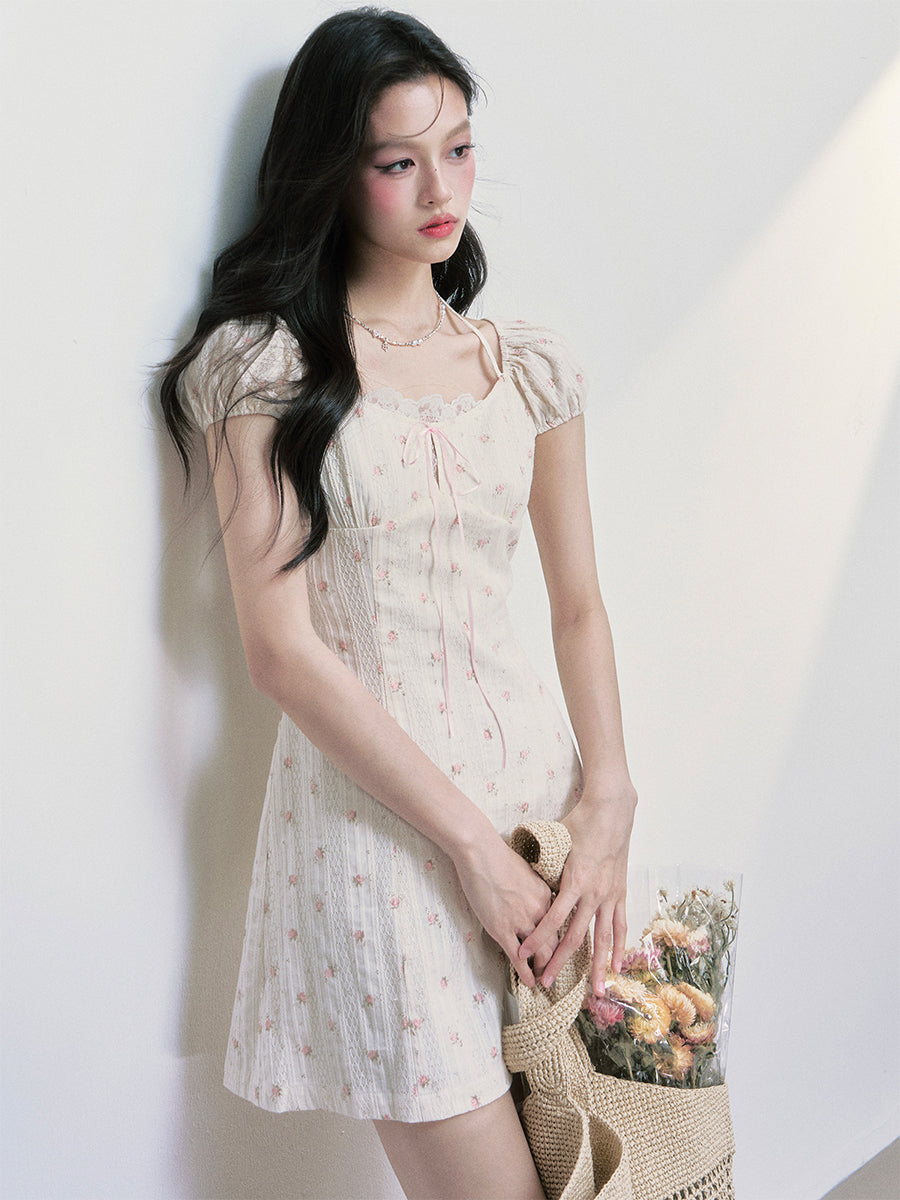 Puff-Sleeve Mini Dress With Floral Embroidery