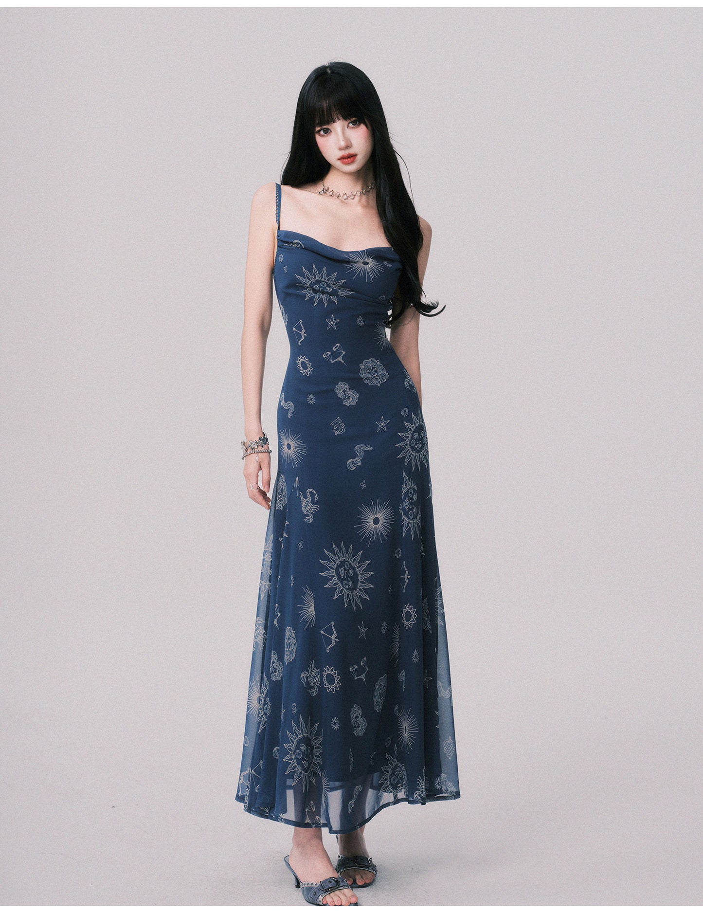 Draped Celestial Print Maxi Cami Dress