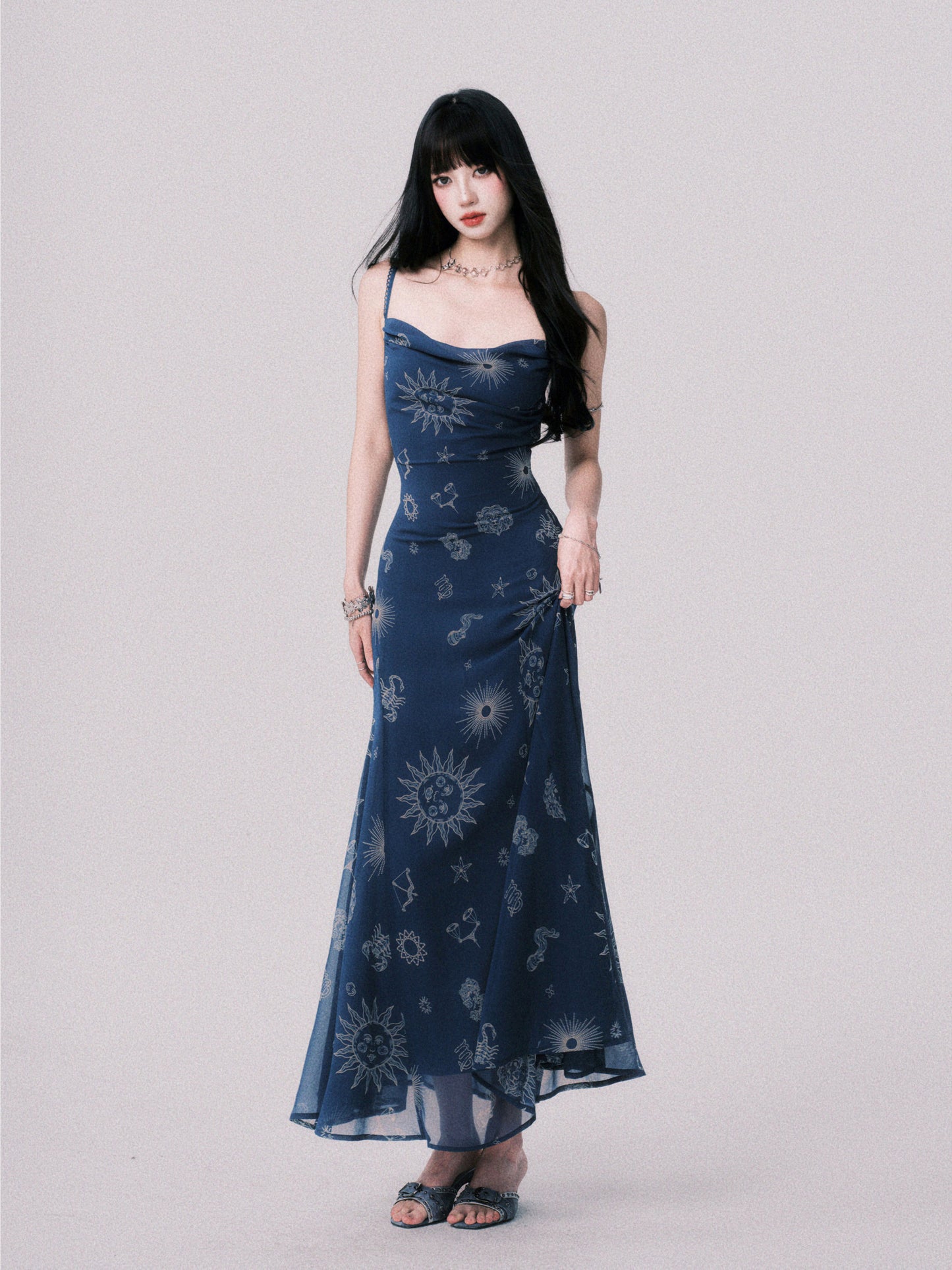 Draped Celestial Print Maxi Cami Dress