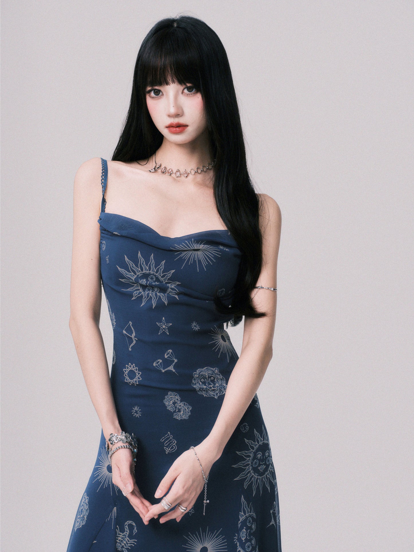 Draped Celestial Print Maxi Cami Dress