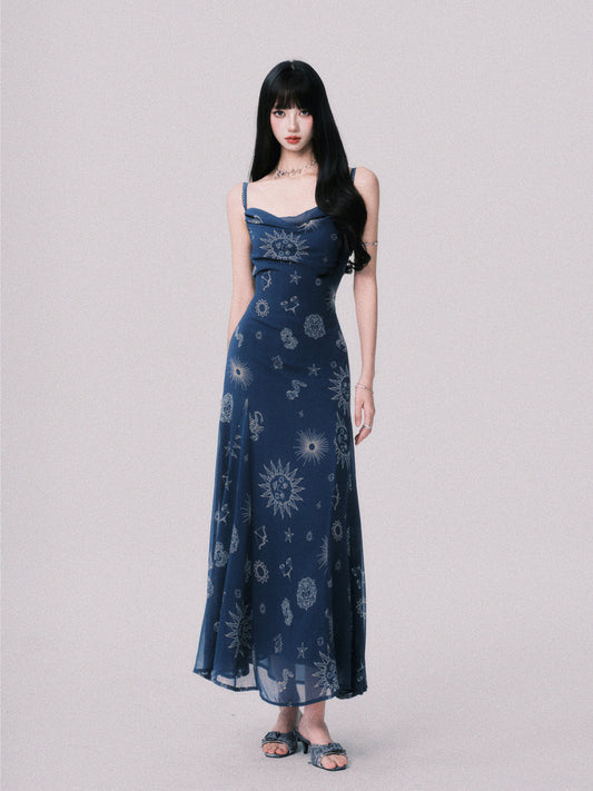 Draped Celestial Print Maxi Cami Dress