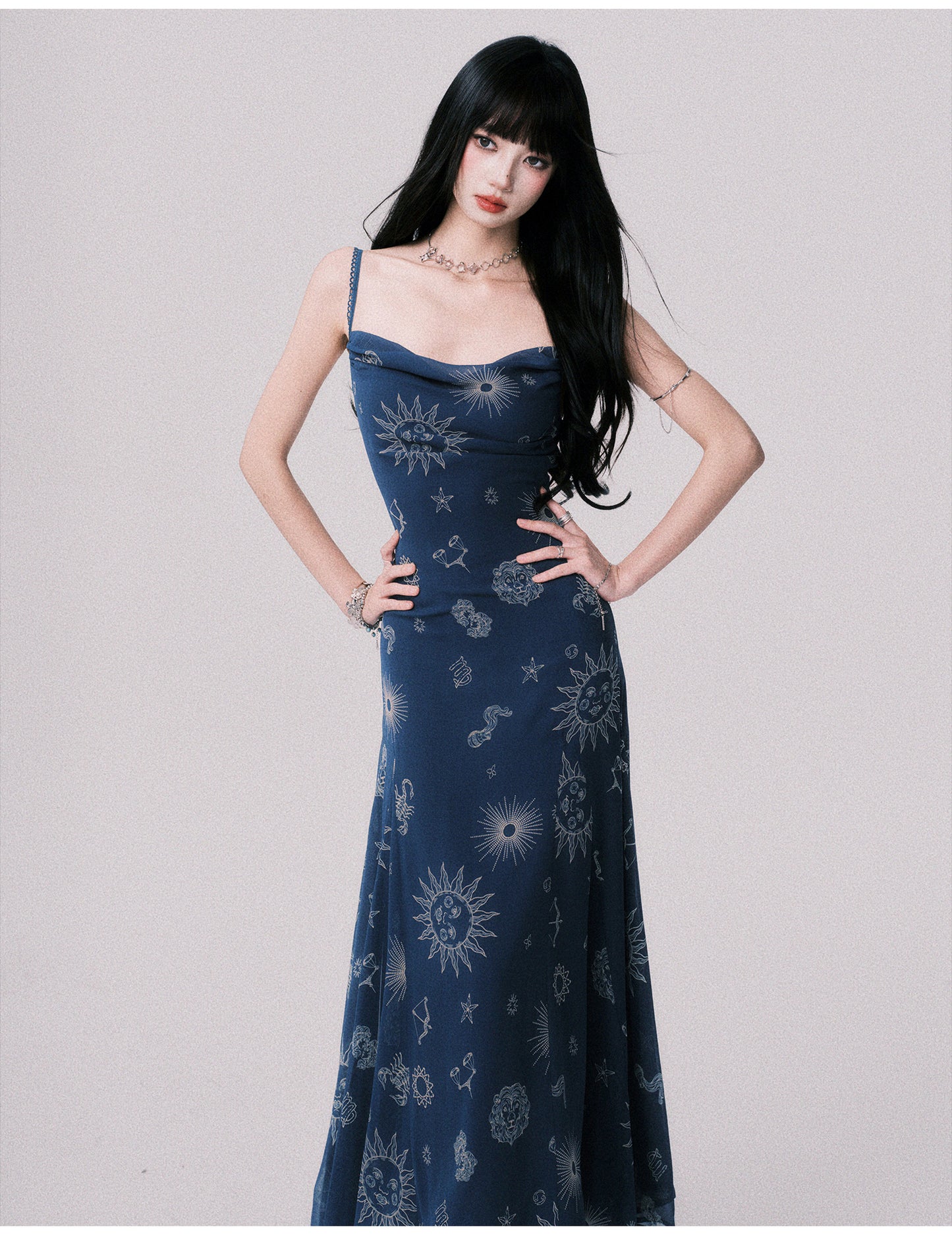 Draped Celestial Print Maxi Cami Dress