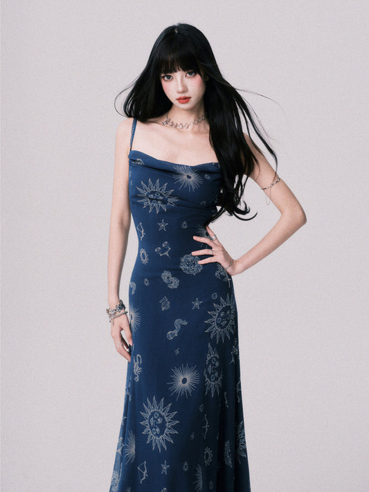 Draped Celestial Print Maxi Cami Dress