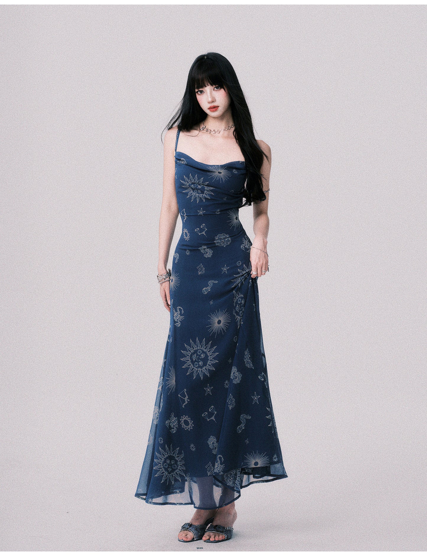 Draped Celestial Print Maxi Cami Dress