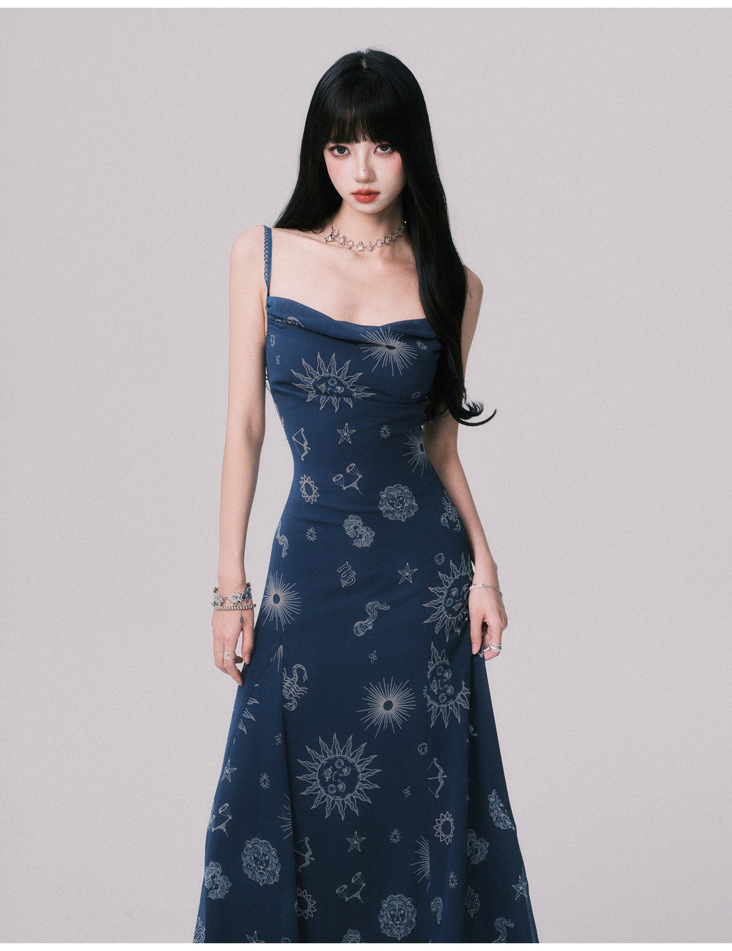 Draped Celestial Print Maxi Cami Dress