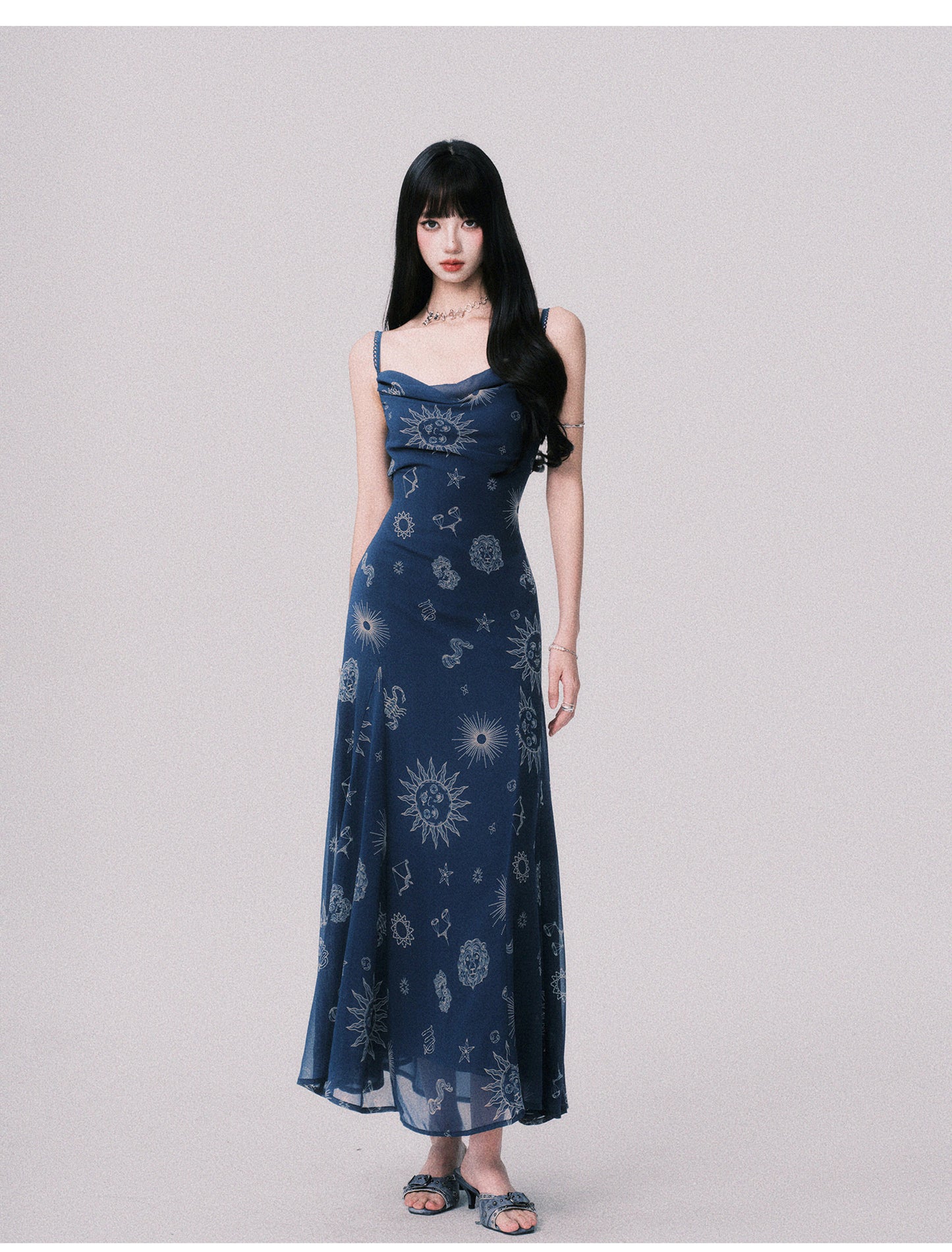 Draped Celestial Print Maxi Cami Dress