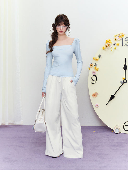 Square Collar Slim T-Shirt With Tied Shoulder Ribbon