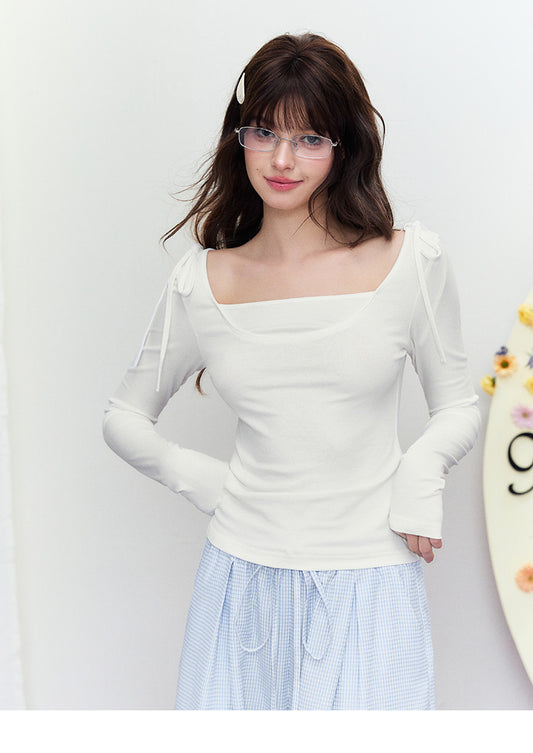 Square Collar Slim T-Shirt With Tied Shoulder Ribbon