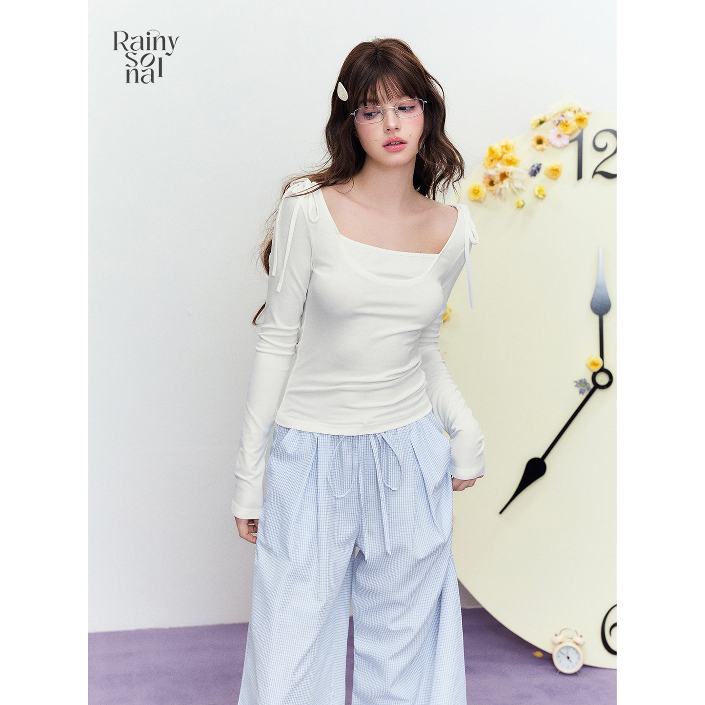 Square Collar Slim T-Shirt With Tied Shoulder Ribbon