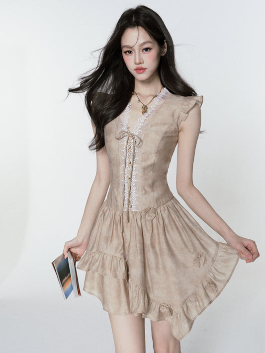 Smudge Print Asymmetric Dress With Butterfly Sleeves