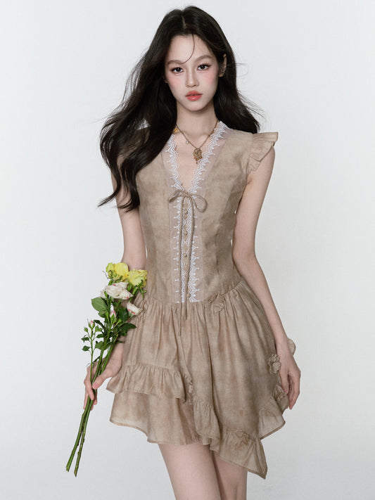 Smudge Print Asymmetric Dress With Butterfly Sleeves