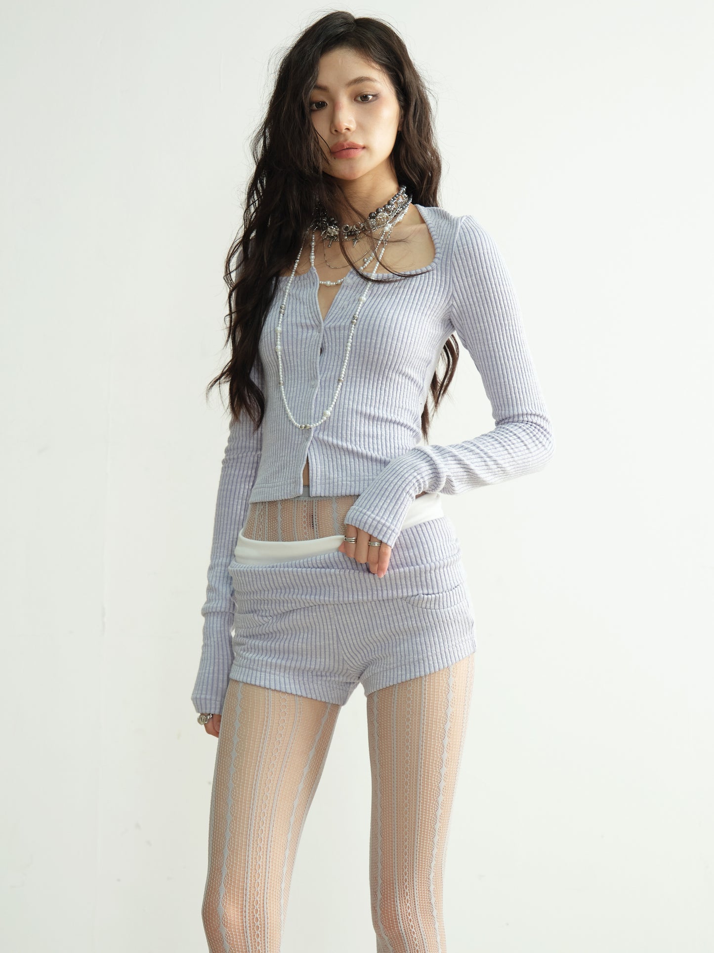 Buttoned Light Rib Knit Top And Shorts Set