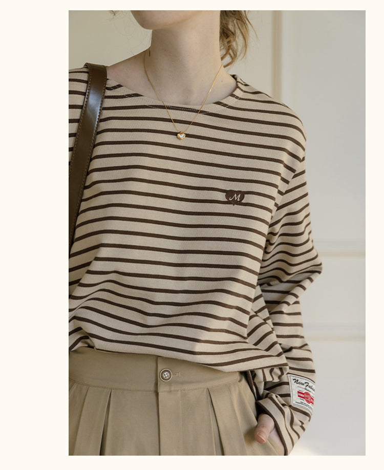 Relaxed Striped Tee With Heart Embroidery