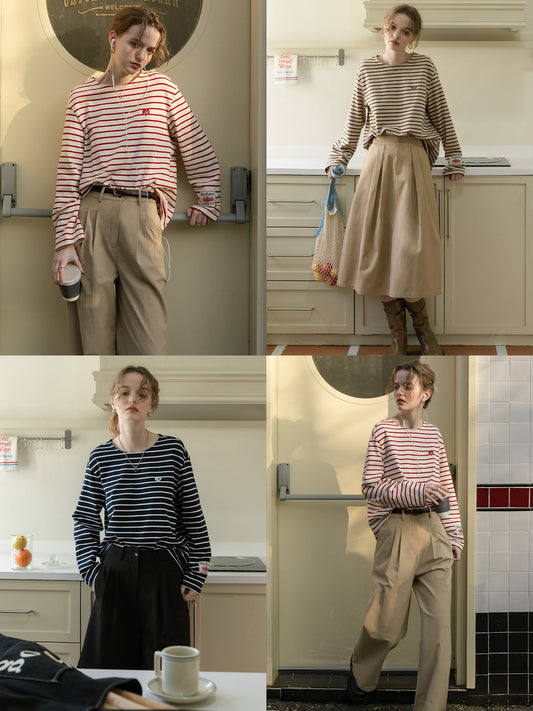 Relaxed Striped Tee With Heart Embroidery