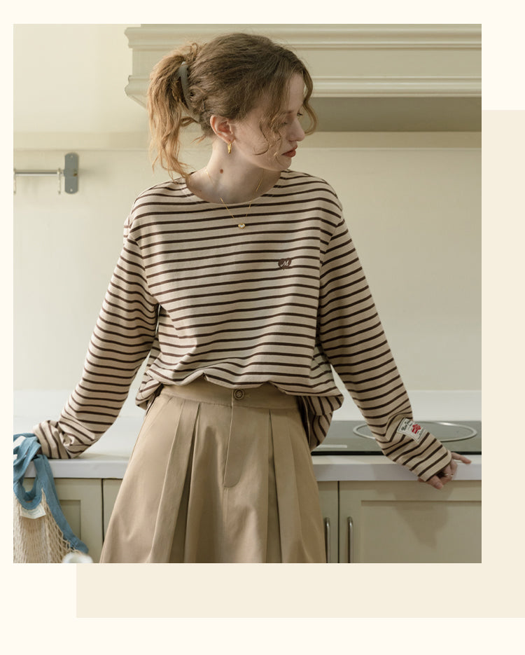 Relaxed Striped Tee With Heart Embroidery