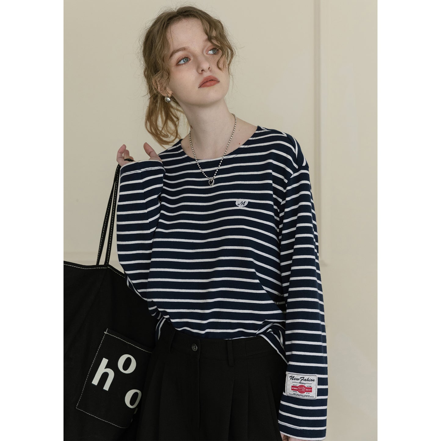Relaxed Striped Tee With Heart Embroidery